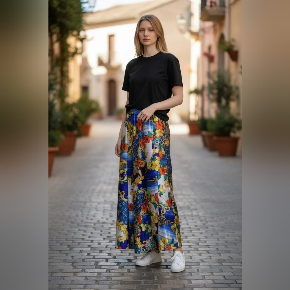 Her Style Blue Floral Multicolor Belted Maxi Skirt - Women Size Xlarge - Picture 1 of 10